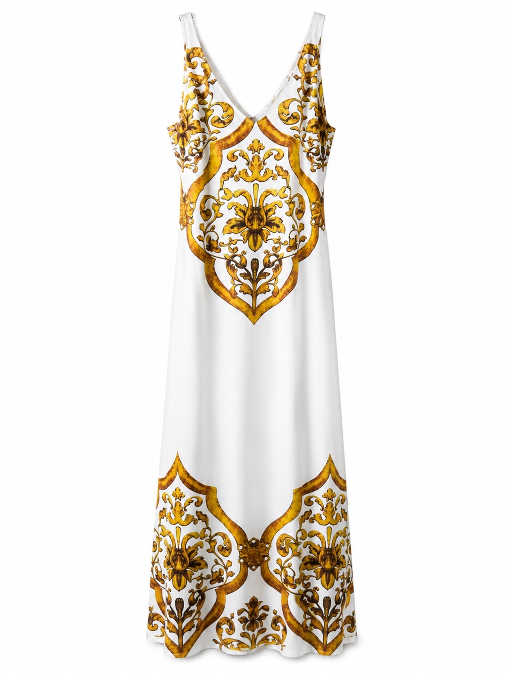Commense White Maxi Dress with Gold Baroque Motif | Casual yet Luxury